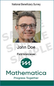 Rectangular Mathematica badge with interviewer photo in center, National Beneficiary Survey at top, and interviewer name, title, and green company logo at bottom.